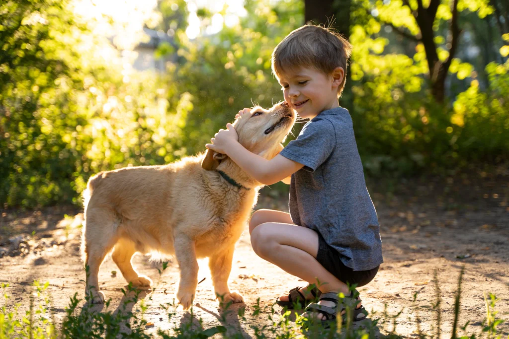 cachorro auxiliando uma criança autista