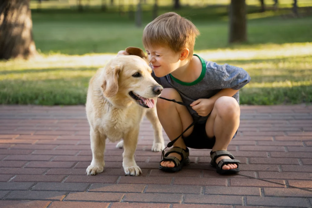 labrador retriever com uma crianca autista
