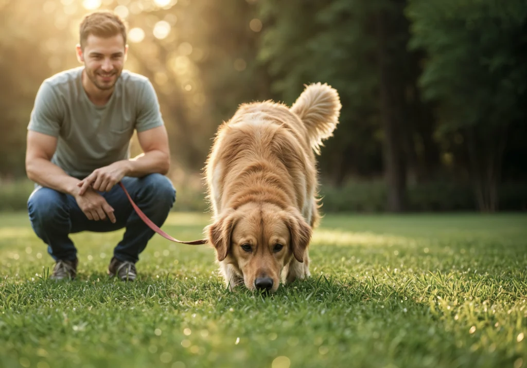 homem brincando com seu cachorro de raça pura